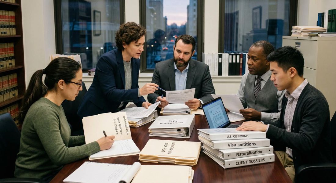 An immigration team reviewing forms and case files around a conference table.