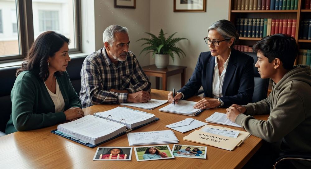 A family meeting with an attorney, with binders and family photos on the table.