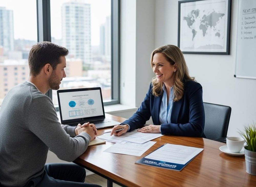 An advisor and a client talking through paperwork at a desk.